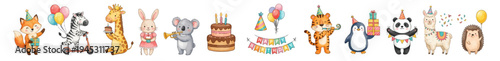 Cute birthday animals watercolor set with fox, zebra, giraffe, pand,a llama, rabbit, tiger clipart. Collection of Vector illustrations. Perfect for invitation, card, poster, banner, decoration