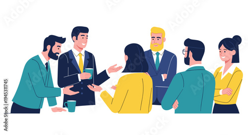 Six diverse business professionals engage in a lively conversation.