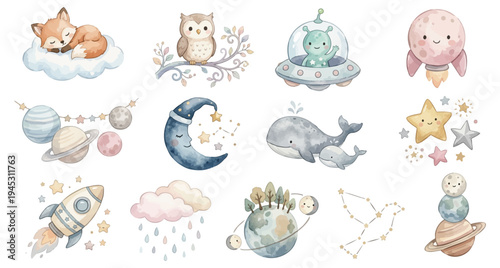 Cute baby nursery space animals planets moon stars rocket watercolor set art Collection of Vector illustrations. Perfect for invitation, card, poster, banner, decoration
