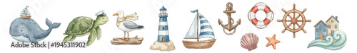 Marine nursery watercolor set with whale, turtle, gull, sailboat, lighthouse. Collection of Vector illustrations. Perfect for invitation, card, poster, banner, decoration