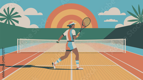 A tennis player in action on a vibrant court during a beautiful sunset