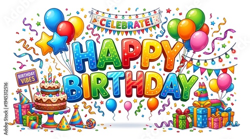 Vibrant birthday celebration with cake balloons and gifts indoors