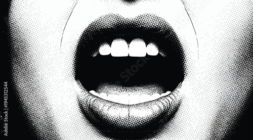 Closeup of a persons mouth with open mouth and visible teeth in a black and white portrait
