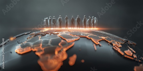 Global Business Team Collaboration Around Digital World Map Demonstrating International Strategy Leadership Partnership And Economic Development