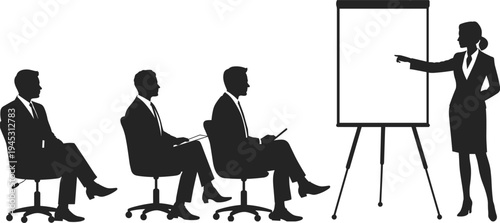 Business presentation silhouette scene, female presenter explaining strategy on board to business team meeting in corporate office
