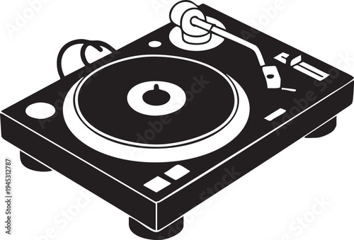 Vinyl record player in black and white line art for music equipment