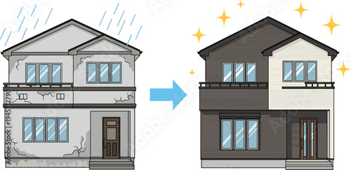 Home renovation and house transformation concept showing old damaged building upgraded into modern clean house vector illustration