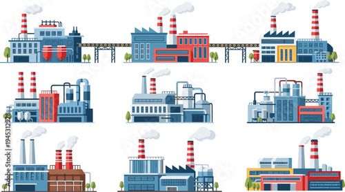 Industrial factory buildings collection with smokestacks and pipelines flat vector illustration set of manufacturing plants refineries power stations and warehouses