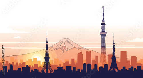Tokyo Tower and City Skyline at Sunset Illustration