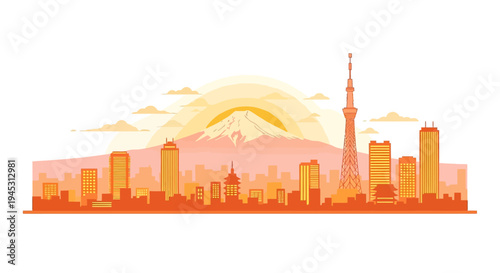 Minimalist stylized sunset cityscape vector illustration