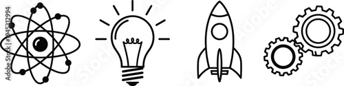 Innovation and Technology Line Icons Atom Light Bulb Rocket and Gear Vector Set