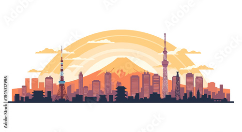 Tokyo city skyline minimalist illustration with sunset