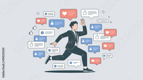 A businessman runs surrounded by social media notifications and likes in a digital illustration.