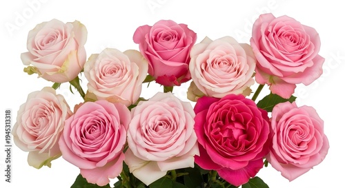 Cluster of pink roses with green stems