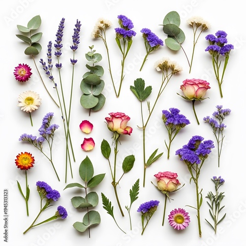 Dried floral collection featuring lavender, roses, eucalyptus, and assorted wildflowers