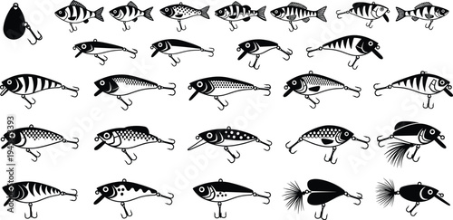 Fishing Lure Set Black and White Vector Collection