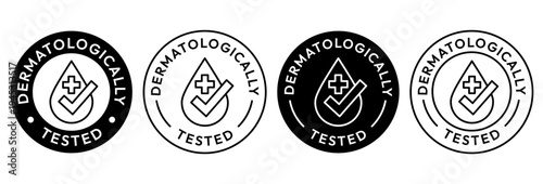 Set dermatologically tested with water drop, tick, mark, hand, icon, label, logo, badge, line, vector, isolated. Dermatology test, dermatologist, clinically proven, sensitive skin, skincare symbols.