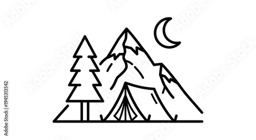 Simple line drawing of a tent pitched near trees and mountains at night