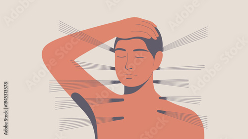 A man experiencing stress and anxiety with his hand on his head and eyes closed