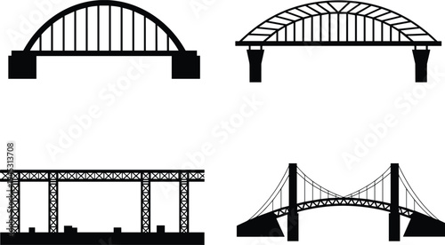 Collection of bridge silhouettes featuring arch suspension and truss engineering designs