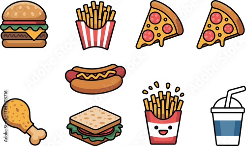 Cute fast food cartoon icons set, burger fries pizza hotdog drink chicken snack collection vector illustration