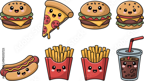 Cute kawaii fast food characters, burger pizza fries hotdog soda cartoon set, happy junk food mascot illustration collection