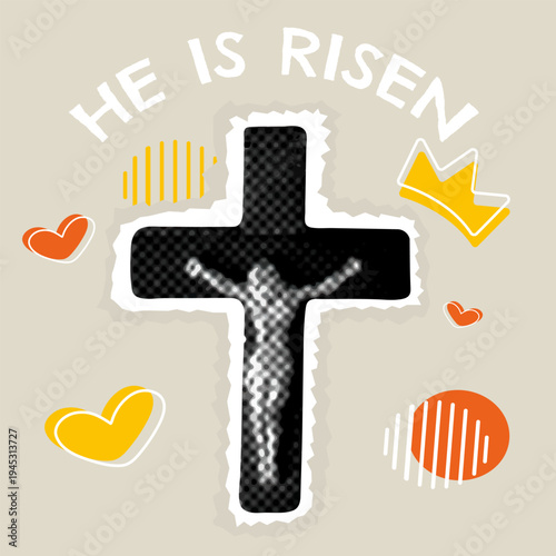 Halftone Christian Cross isolated on beige background with different elements and text. Vector design