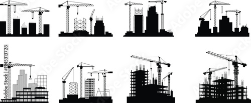 Collection of construction site illustrations with cranes and buildings