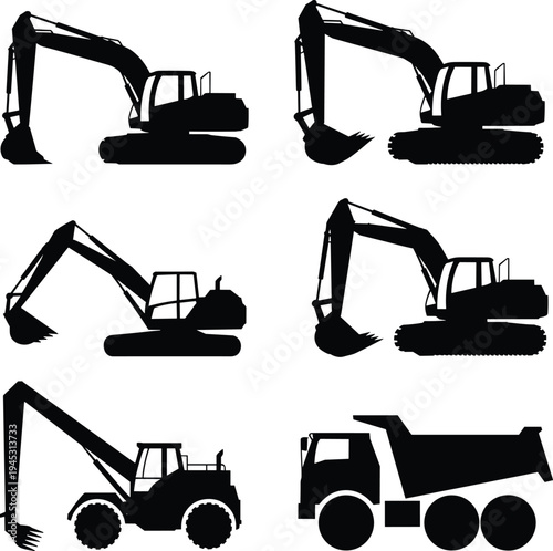 Collection of heavy construction vehicles silhouettes including excavators and dump truck