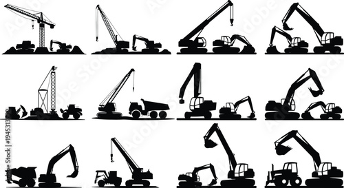 Assortment of heavy construction machinery silhouettes, including excavators, cranes, and dump trucks on job sites