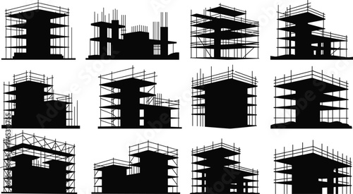 Black silhouette collection of building construction sites with scaffolding and structural frames on white background