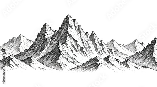 Black and white mountain range landscape with snow covered peaks isolated on white background