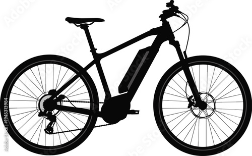 Electric mountain bike silhouette, modern e-bike with battery pack, off-road cycling transport, isolated black bicycle illustration for outdoor adventure