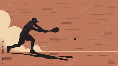 A silhouette of a man playing tennis on a vibrant orange court with motion lines and abstract shapes.