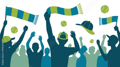 A crowd of people cheering and celebrating at a tennis match with flags and balls in the air