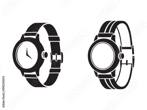 Black and white illustration of two watches one showing face and the other showing back isolated on white background