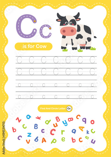 Bild auf Leinwand Alphabet Letter C Tracing Worksheet for Kids, Preschool and Kindergarten Handwri