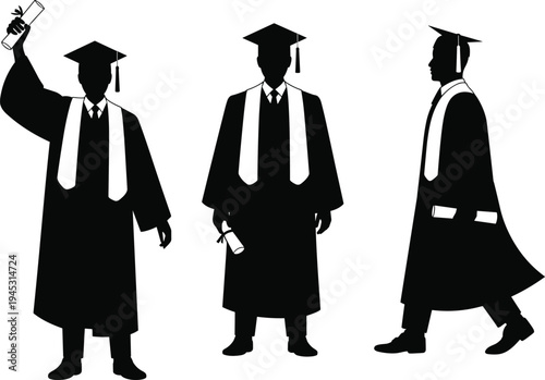 Graduate student silhouettes collection, university graduation ceremony with cap gown and diploma celebrating academic achievement and education success