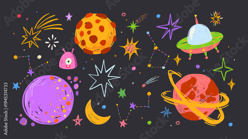 Crayon hand drawn space doodles with planets, alien and rocket, cartoon vector set isolated on black. Childlike cosmic sketches, spaceship, moon, and colorful galaxy elements for kids universe designs