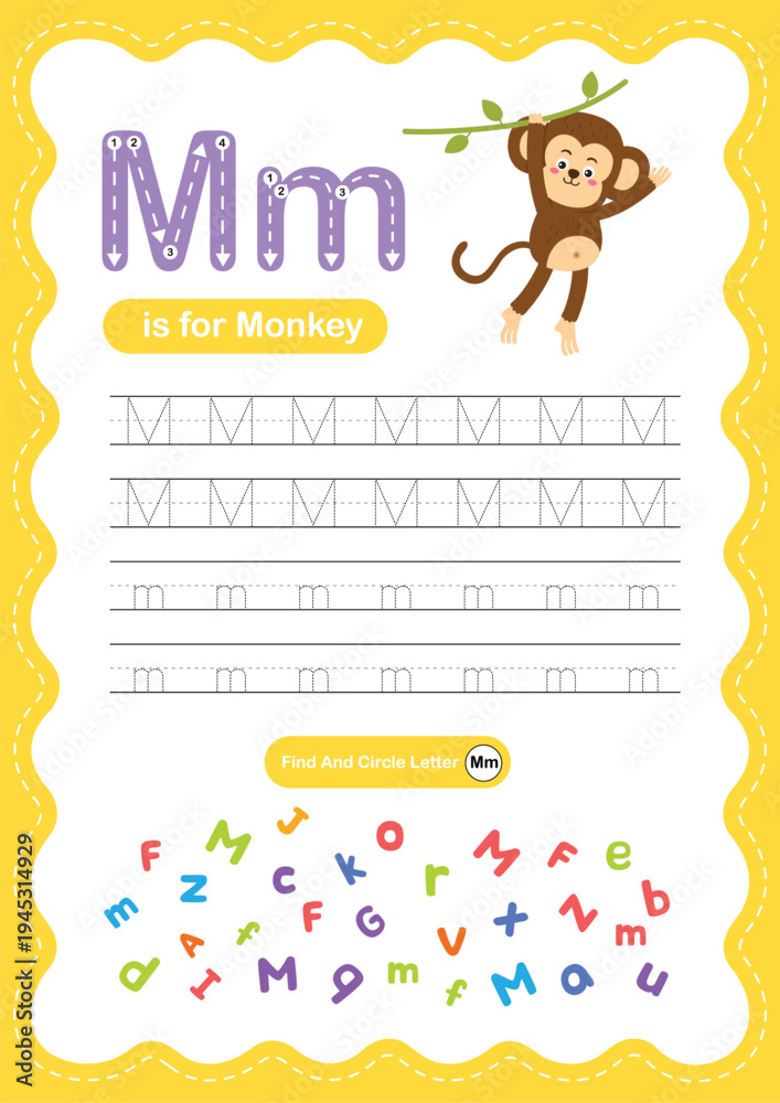 Fototapeta premium Alphabet Letter M Tracing Worksheet for Kids, Preschool and Kindergarten Handwriting Practice, M is for Monkey ABC Learning Printable
