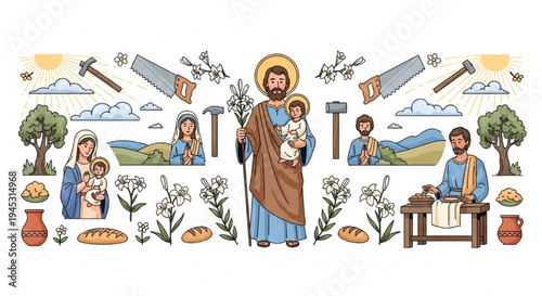 St. Joseph with Family and Carpenter Tools Religious Protection Devotion Vector Illustration