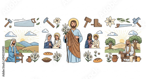 St. Joseph with Family and Carpenter Tools Religious Protection Devotion Vector Illustration