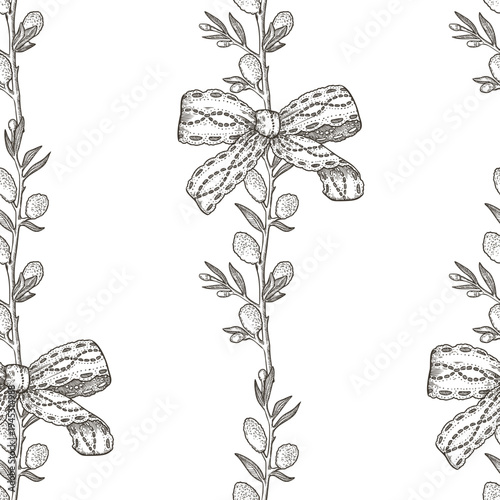 Vertical striped seamless pattern with willow and lace bow black and white background. Hand drawn vector design in vintage sketch style. Outline print ideal for wallpaper or holiday fabric and paper.