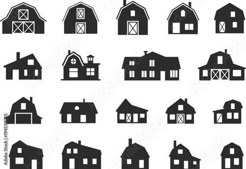 House and barn silhouettes collection, residential buildings and farm homes icons set, architecture vector illustration isolated