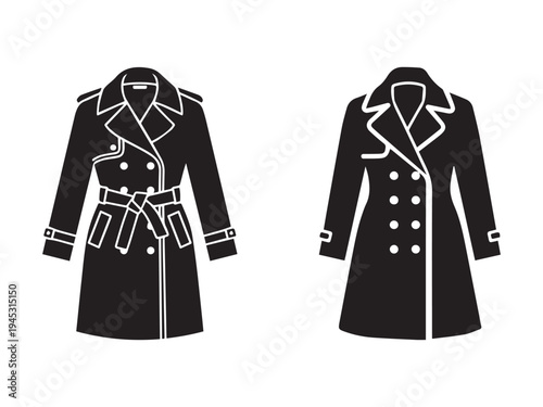 Black coats with white outlines for fashion and clothing design isolated on white background  coats with belts and buttons for style and texture reference