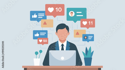A businessman sitting at a desk with a laptop surrounded by social media notifications and icons
