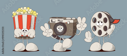 Retro cartoon cinema characters in groovy 90s style, cartoon vector isolated illustrations. Cute movie mascot set of popcorn snack bucket, film reel, and vintage camera, funky comic design