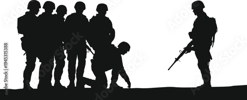Military soldiers silhouette patrol scene, armed army team with rifles on battlefield, defense forces tactical operation vector illustration