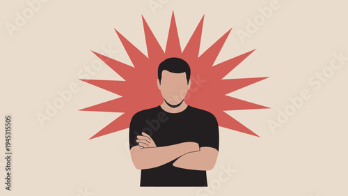 A cartoon man with his arms crossed stands confidently in front of a large red starburst on a beige background.