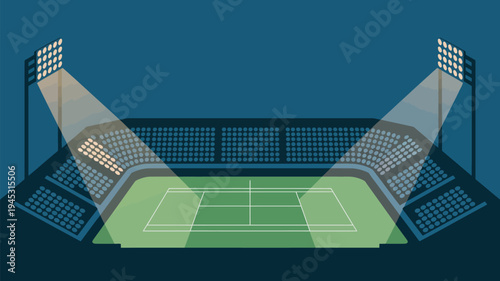 An illuminated tennis court at night with spotlights shining down on the green surface and empty stands.